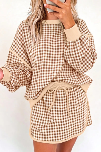 Brown Gingham Oversize Skort Set