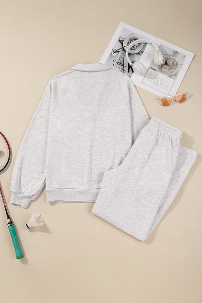 Light Grey Polo Collar V Neck Pullover and Drawstring Sweatpants Set