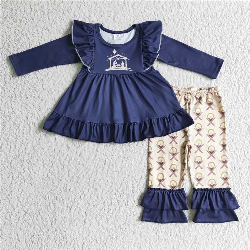 Navy Nativity Ruffle Pant Set