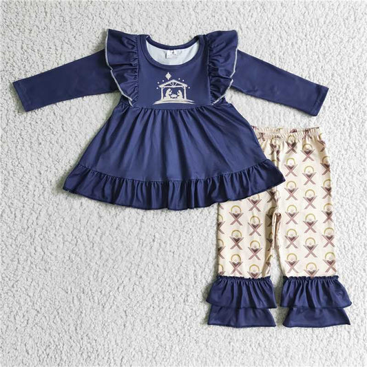 Navy Nativity Ruffle Pant Set