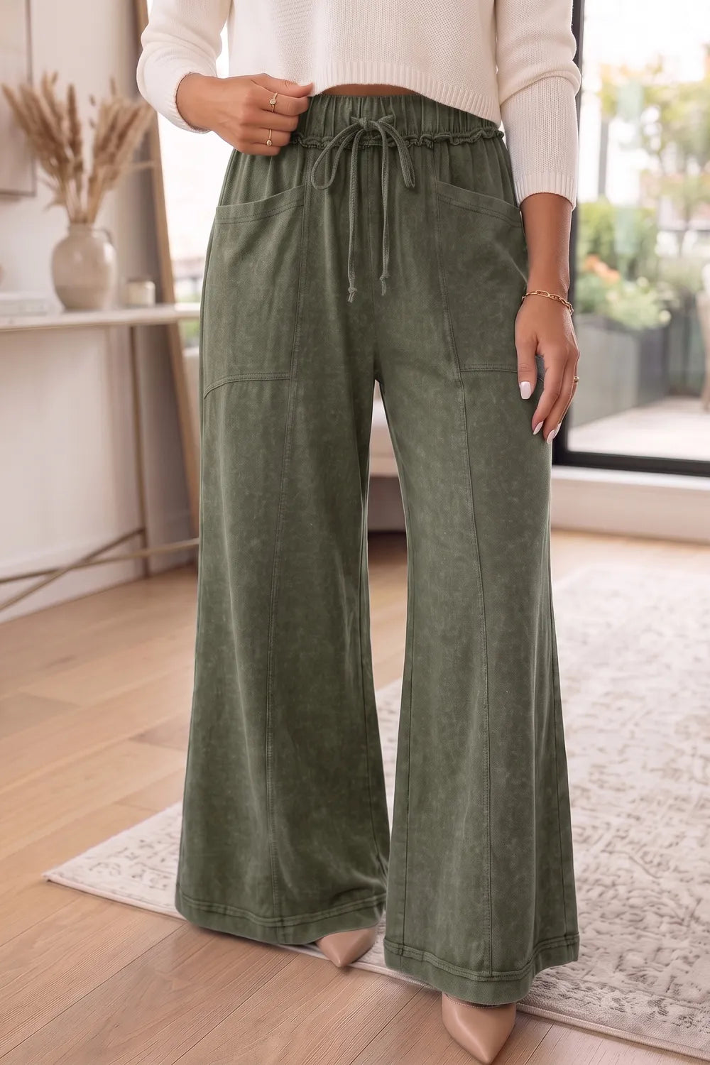 Jungle Green Mineral Wash Flare Leg Drawstring Pants PREORDER