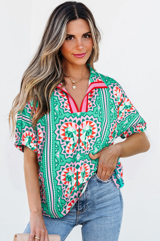 Sea Green Boho Abstract Print Contrast Striped Collared V Neck Blouse