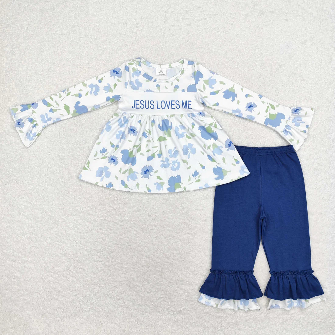 Jesus Loves Me Blue Ruffle Leg Set