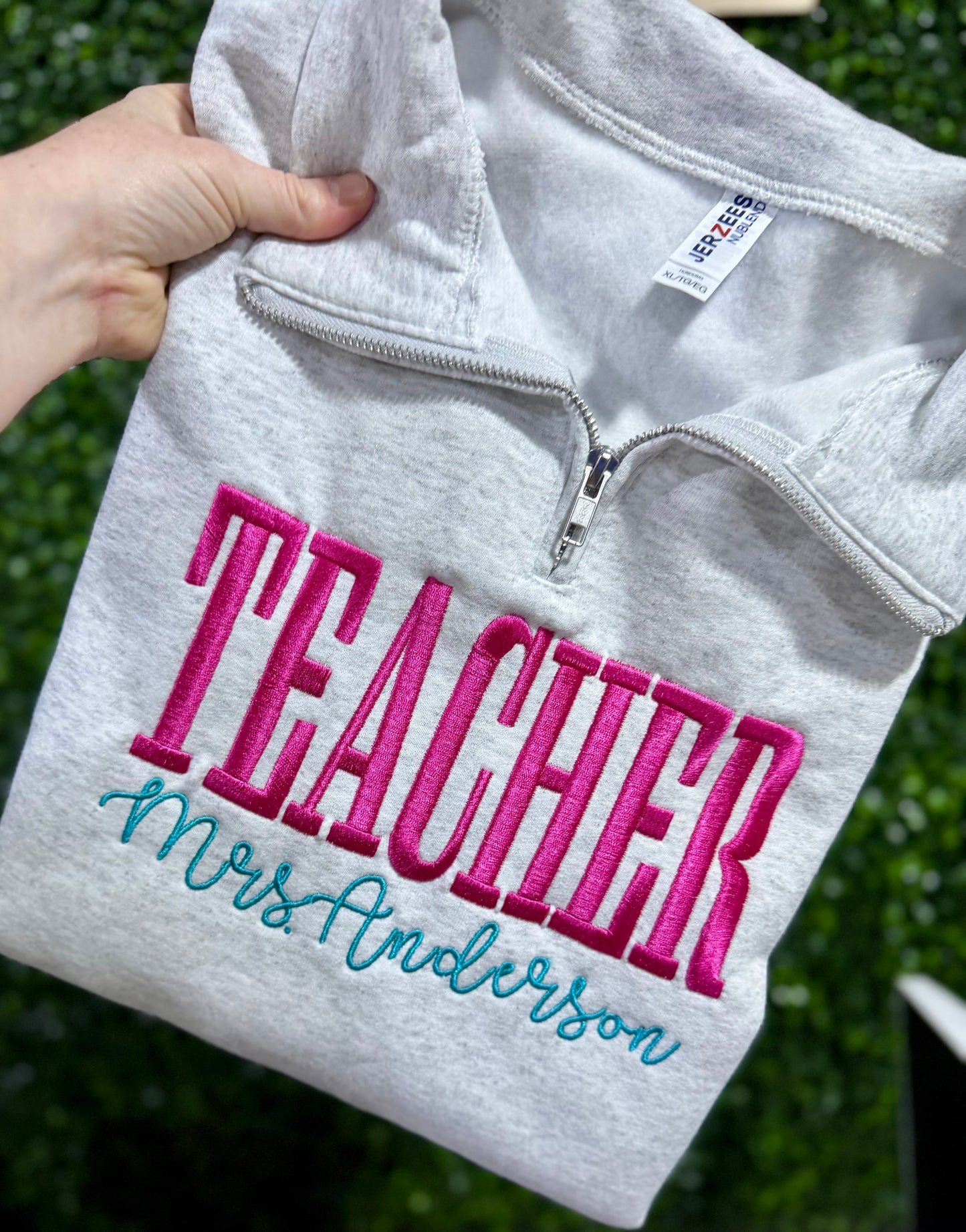 Custom Embroidered Block with Cursive  Quarter Zip
