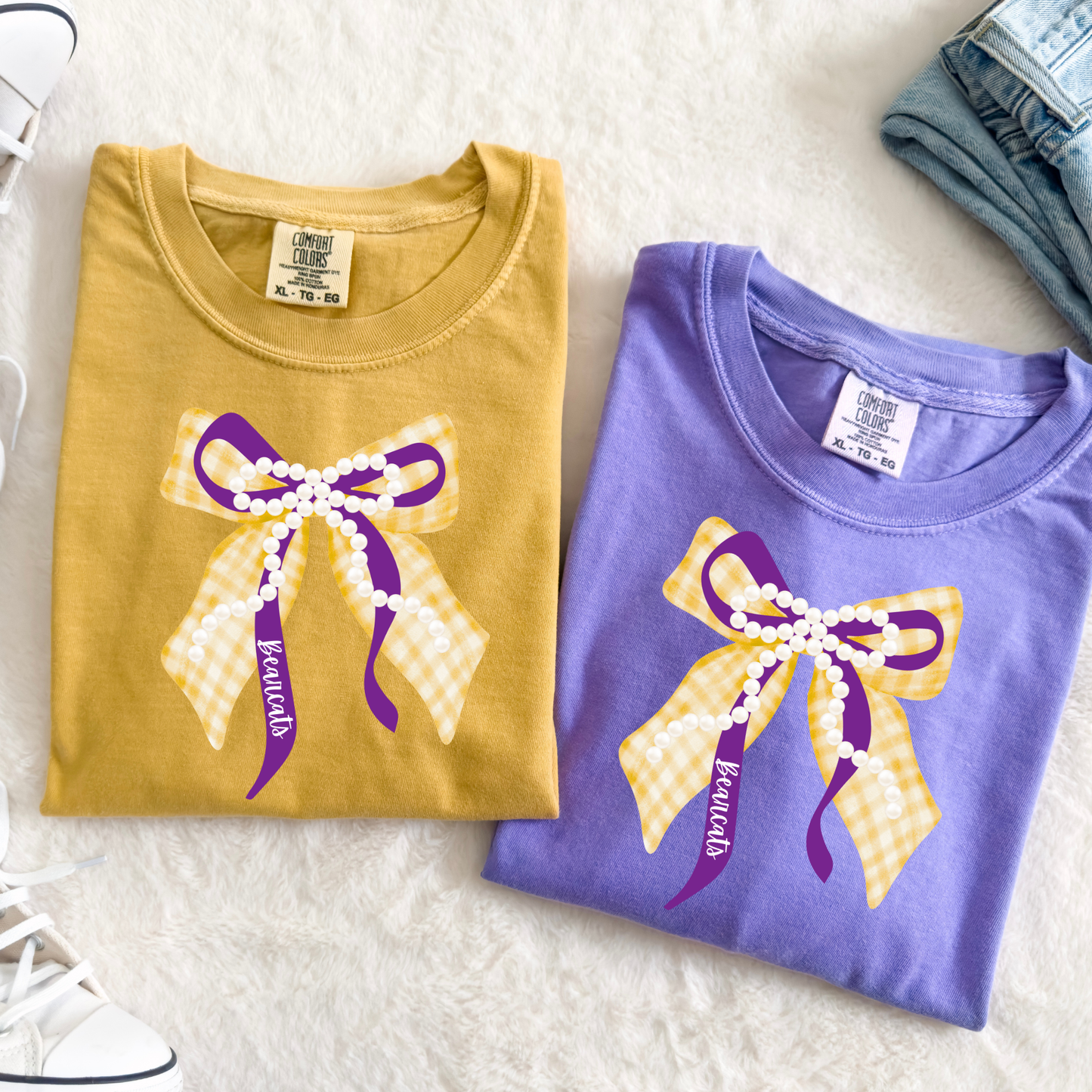 Yellow and Purple Bearcats Bow with Pearls
