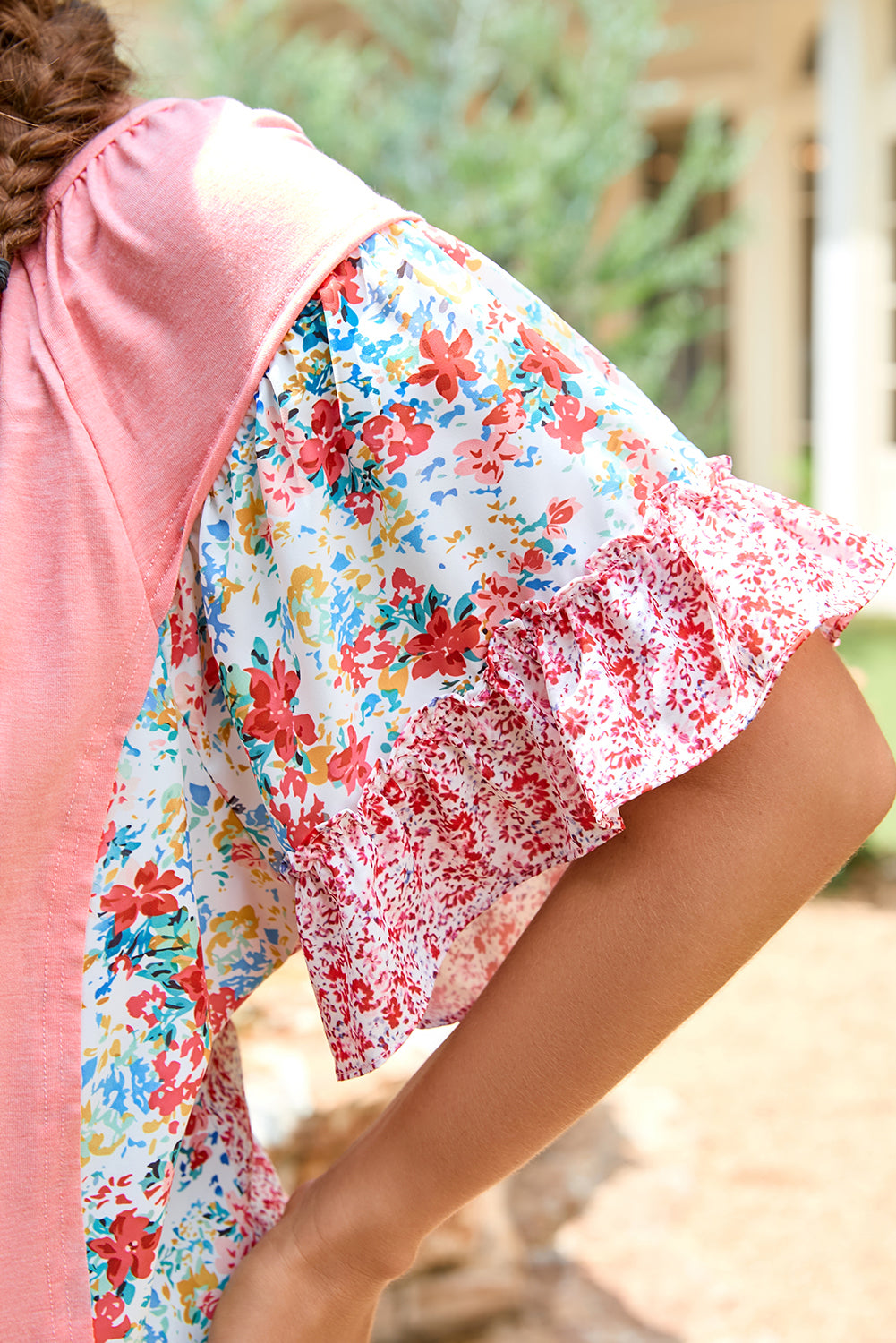 Pink Plus Size Floral Patchwork Ruffled Short Sleeve Blouse
