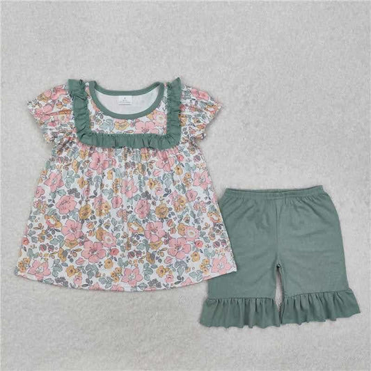Green and PInk Floral 2pc Ruffle Set