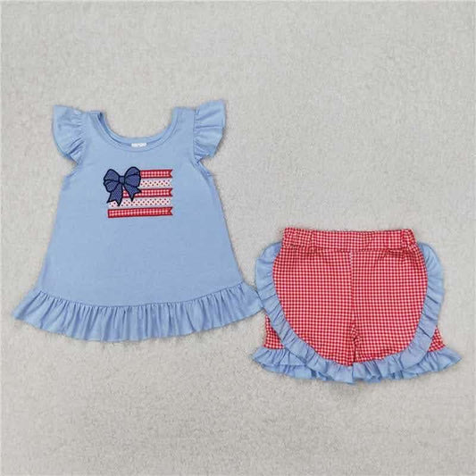 4th July Flag with Blue Boy and Blue Ruffles Short Set
