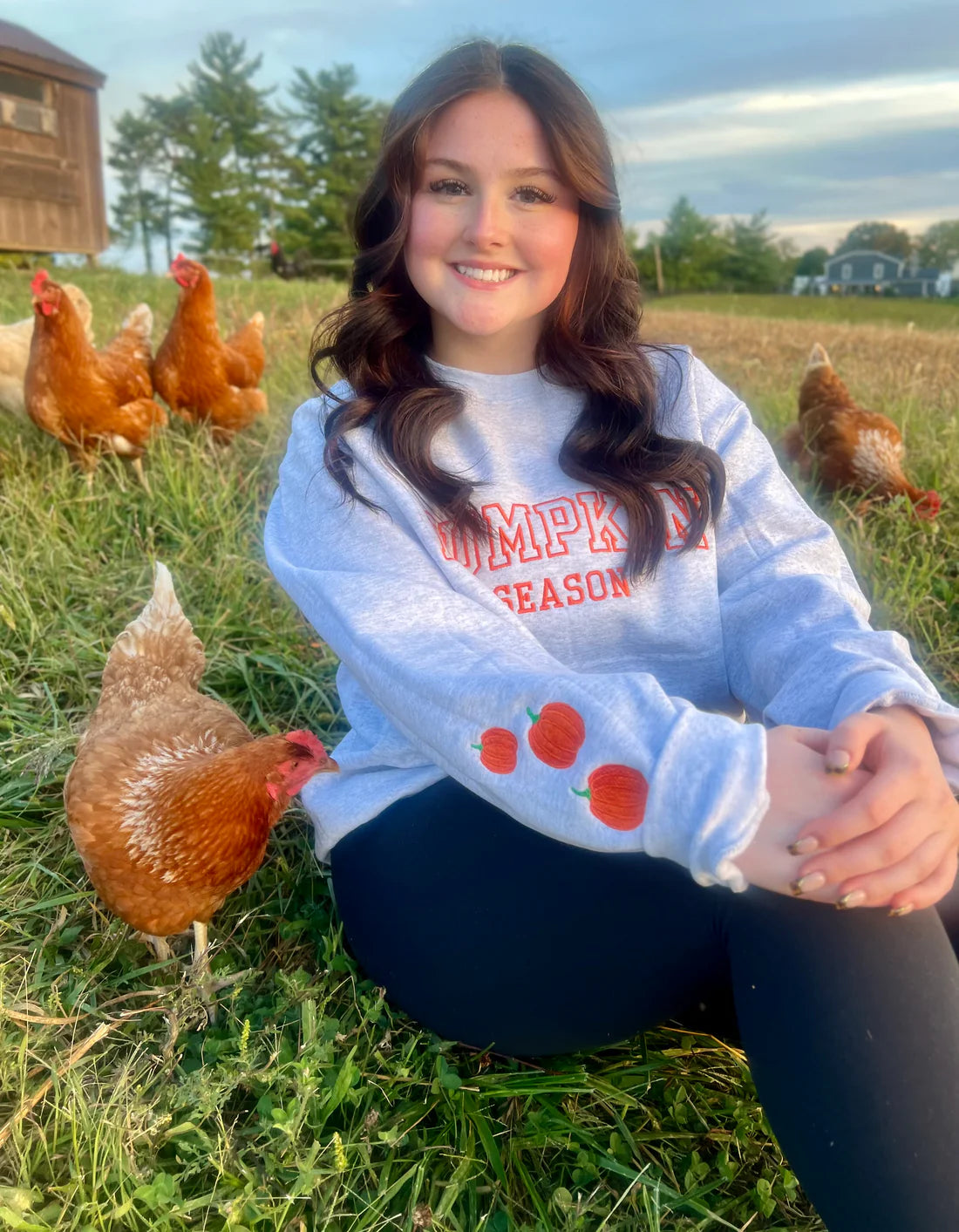 Pumpkin Season with 3 Pumpkin Sleeve Embroidered Sweatshirt