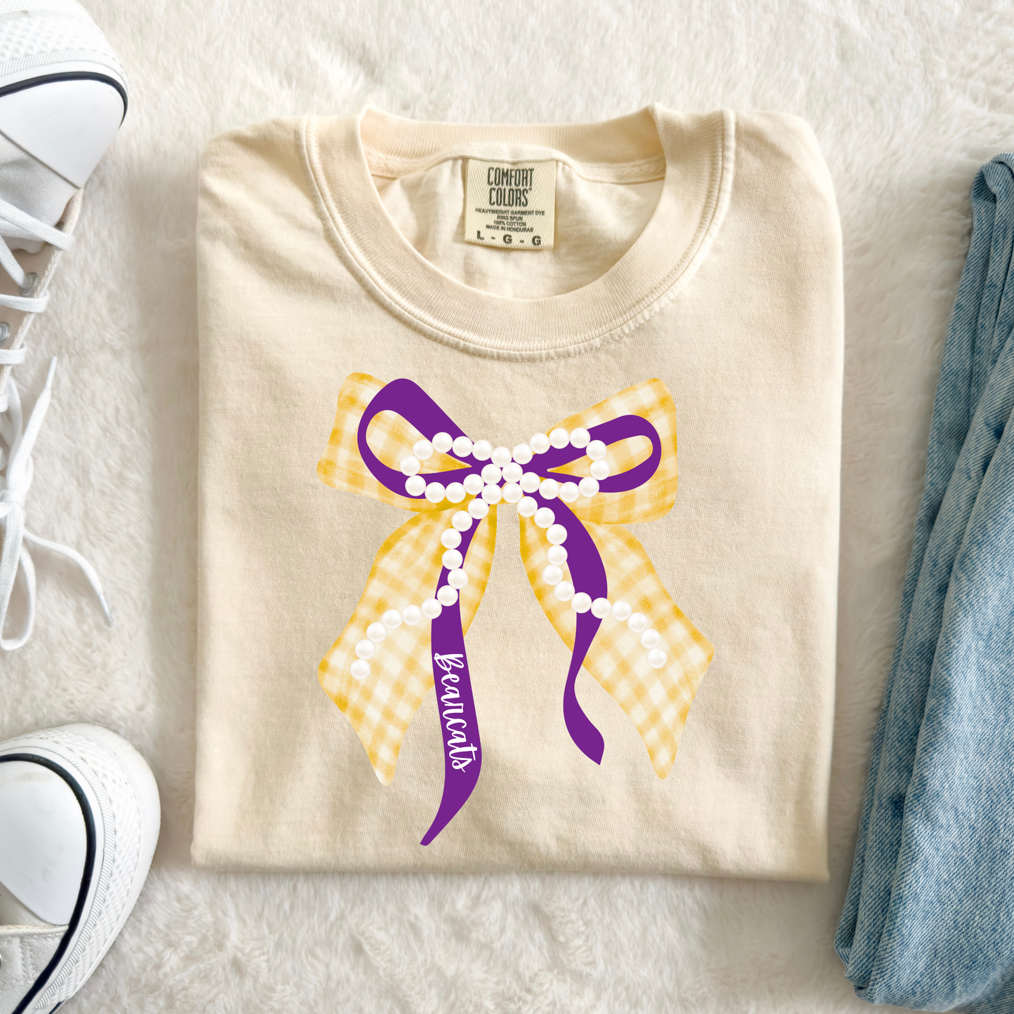 Yellow and Purple Bearcats Bow with Pearls