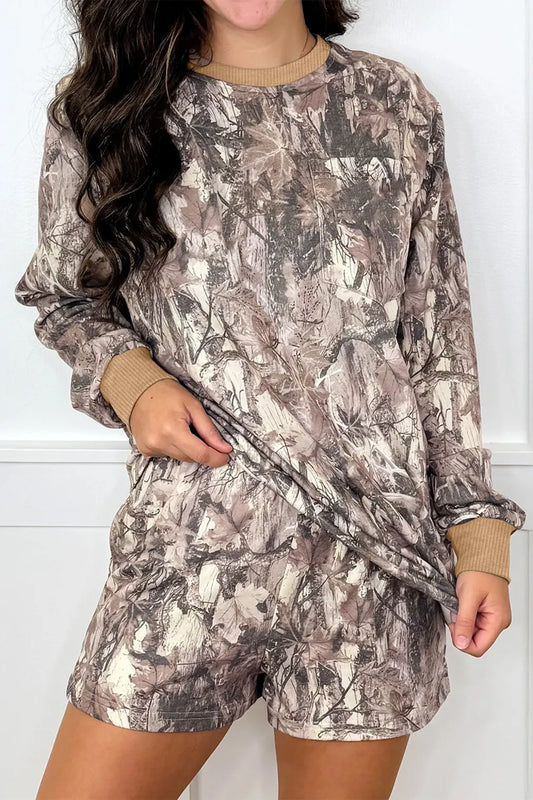 Khaki Woodland Camo Print Long Sleeve Top Casual Short Set