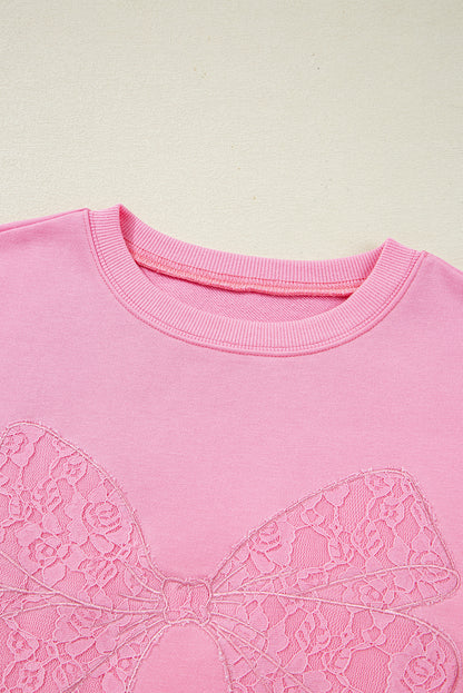 Bonbon Lace Insert Bow Embroidered Exposed Seam Sweatshirt