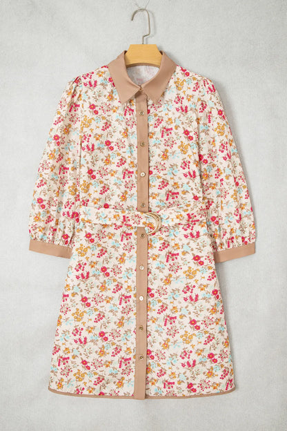 Orange Floral Color Block 3/4 Sleeve Belted Mini Dress