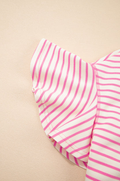 Sachet Pink Contrast Detail Striped Ruffle Short Sleeve Top
