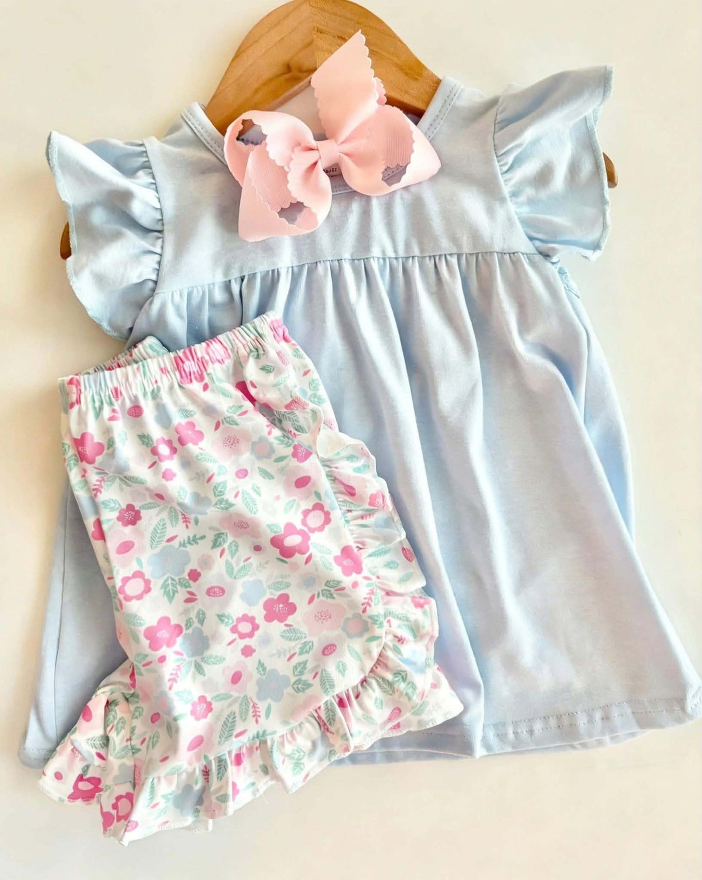 Floral Set with Light Blue Solid Ruffle Shirt