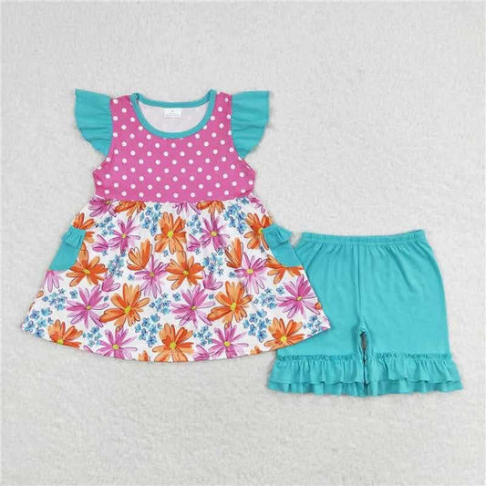 Pink Aqua Floral and Polka Dot 2pc Set