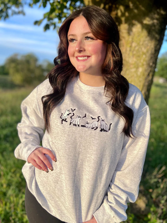 Spooky Cats on Ash Embroidered Crewneck
