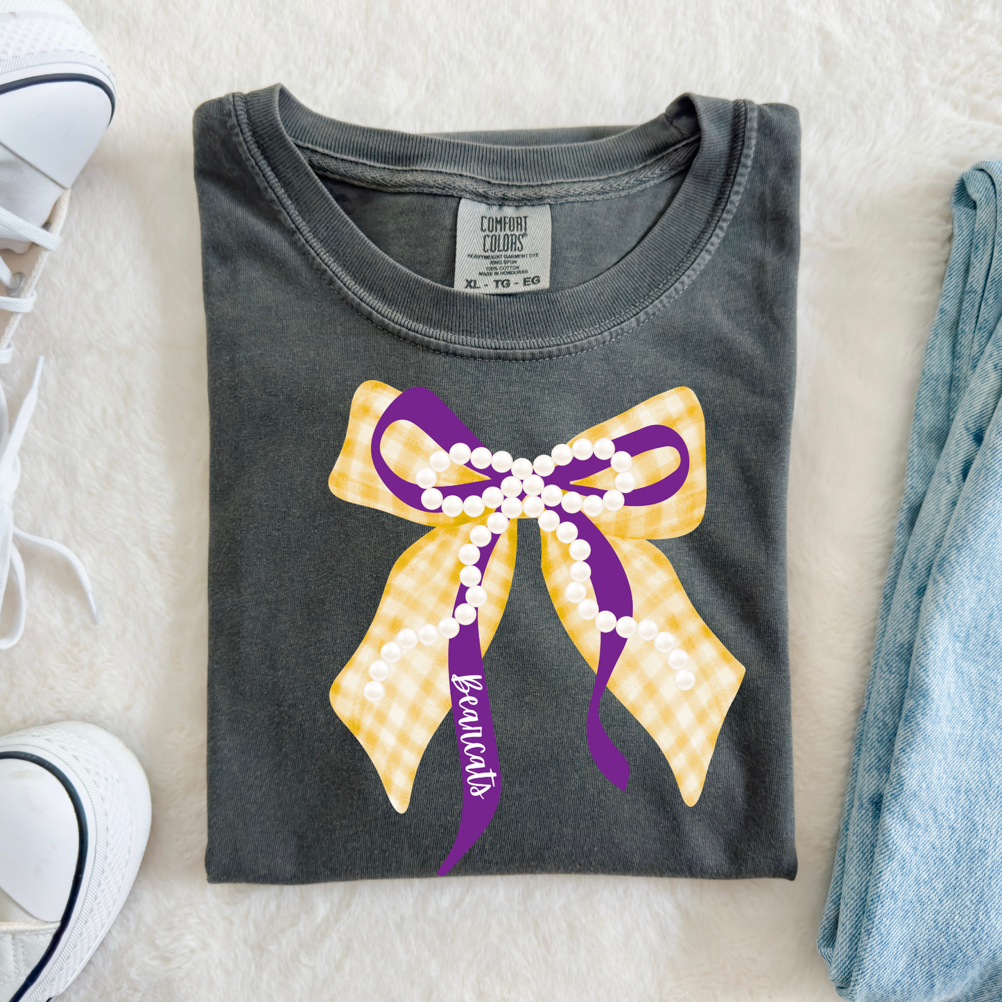 Yellow and Purple Bearcats Bow with Pearls