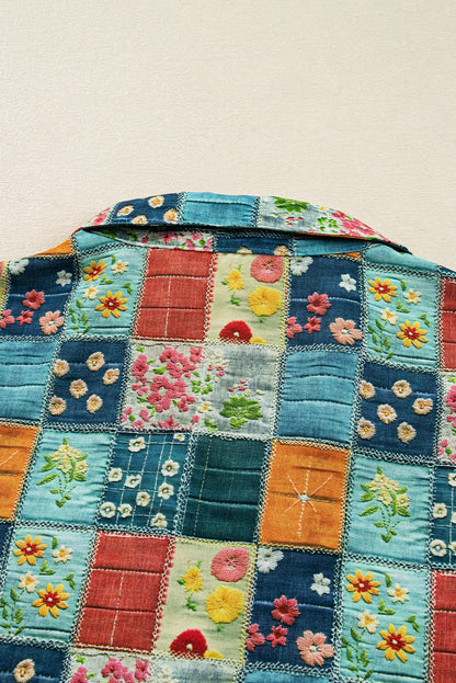 Sky Blue Floral Collared V Neck Roll up Sleeve Shift Blouse