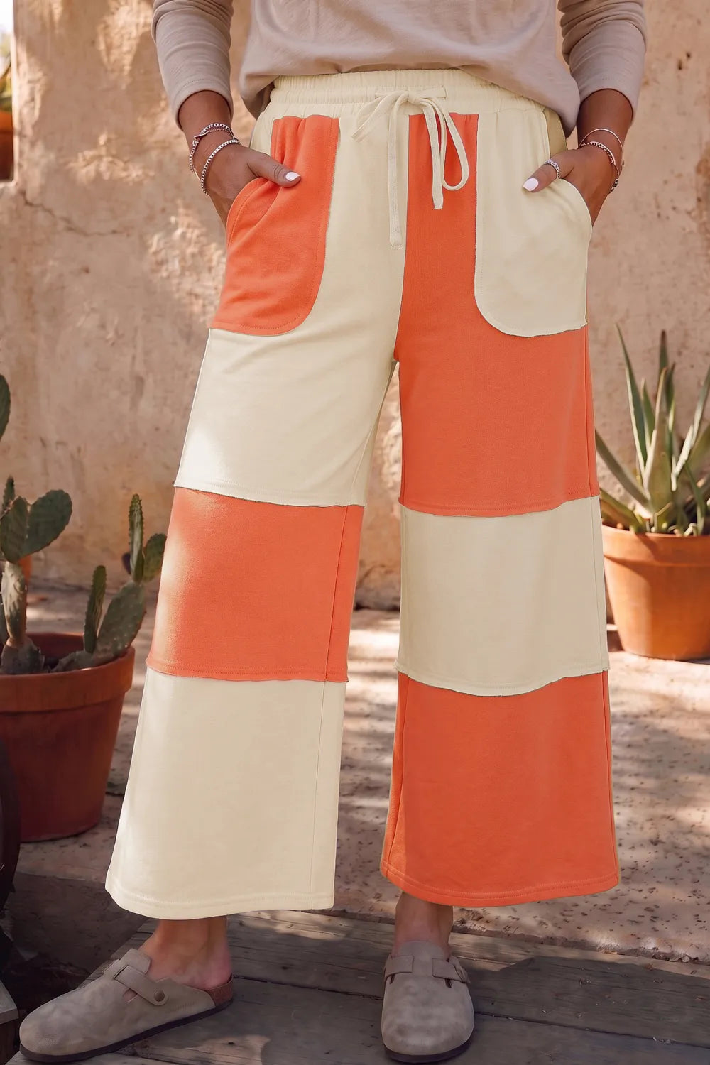 Russet Orange Colorblock Wide Leg Ankle Pants