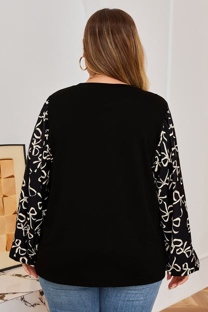 Black Bow Knot Patchwork Crewneck Plus Size Blouse