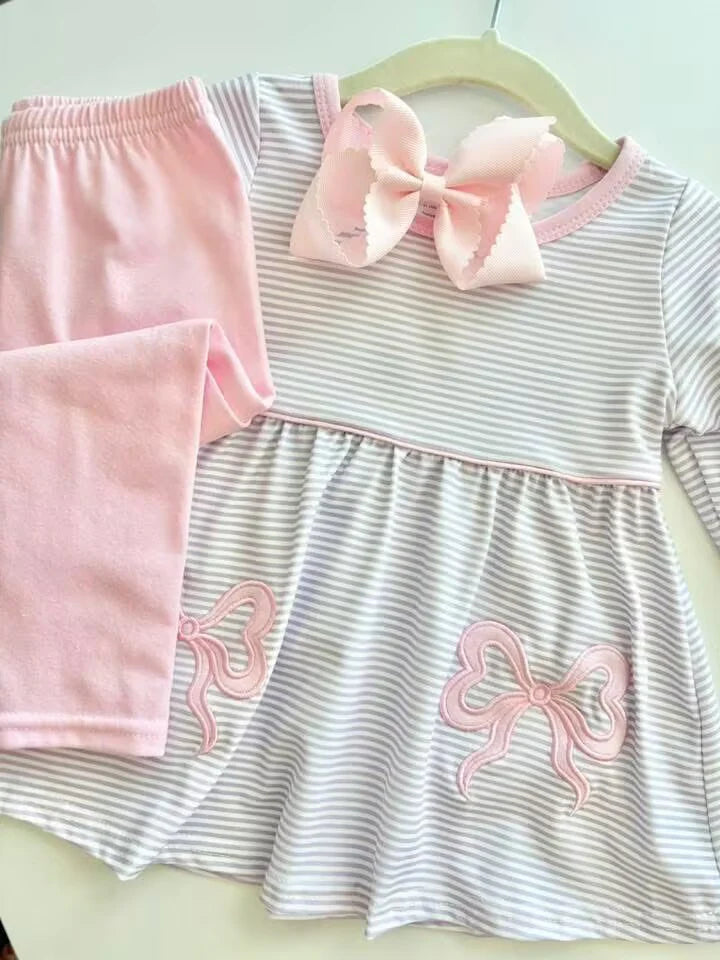 Embroidered Pink Bow Stripes Set