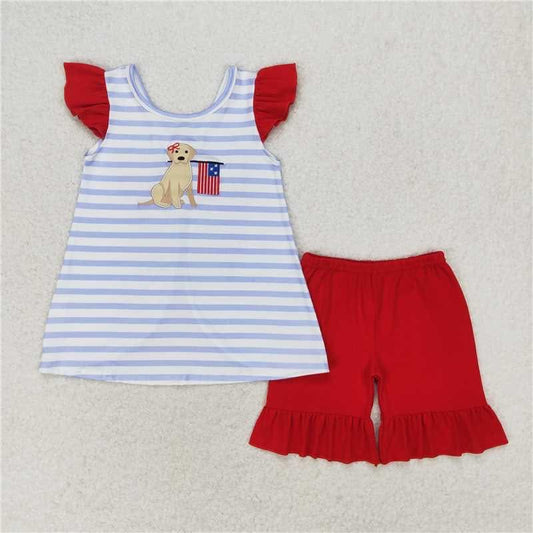 Dog Holding Flag with Red Short Set