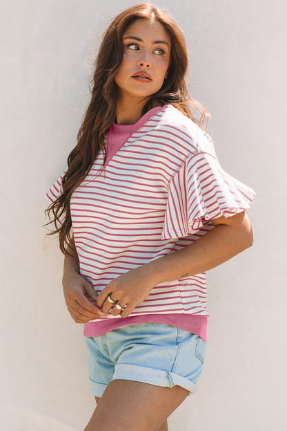 Sachet Pink Contrast Detail Striped Ruffle Short Sleeve Top