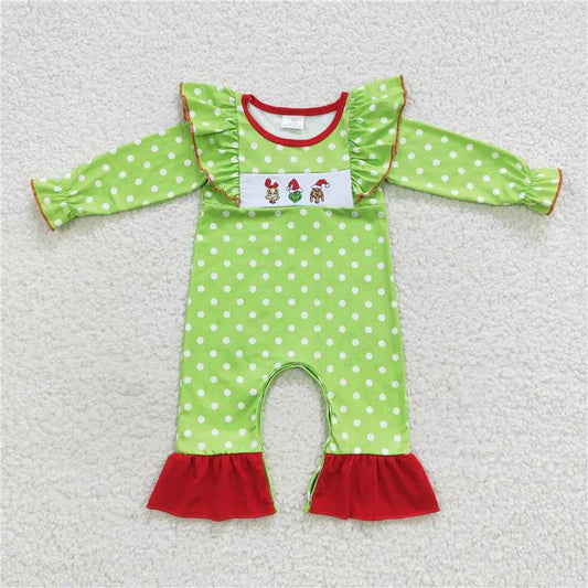 Embroidered Grinch Trio with Green Stripes Ruffles Sleeper