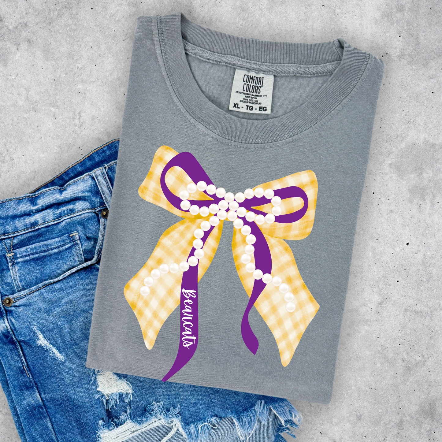 Yellow and Purple Bearcats Bow with Pearls