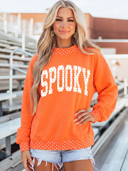 Orange SPOOKY Polka Dot Letter Print Mock Neck Baggy Pullover Sweatshirt