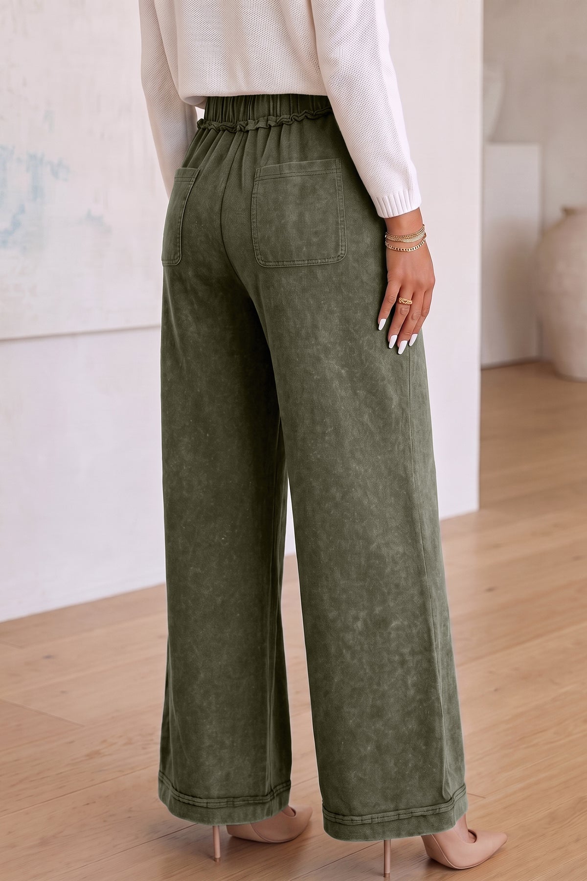 Jungle Green Mineral Wash Flare Leg Drawstring Pants PREORDER