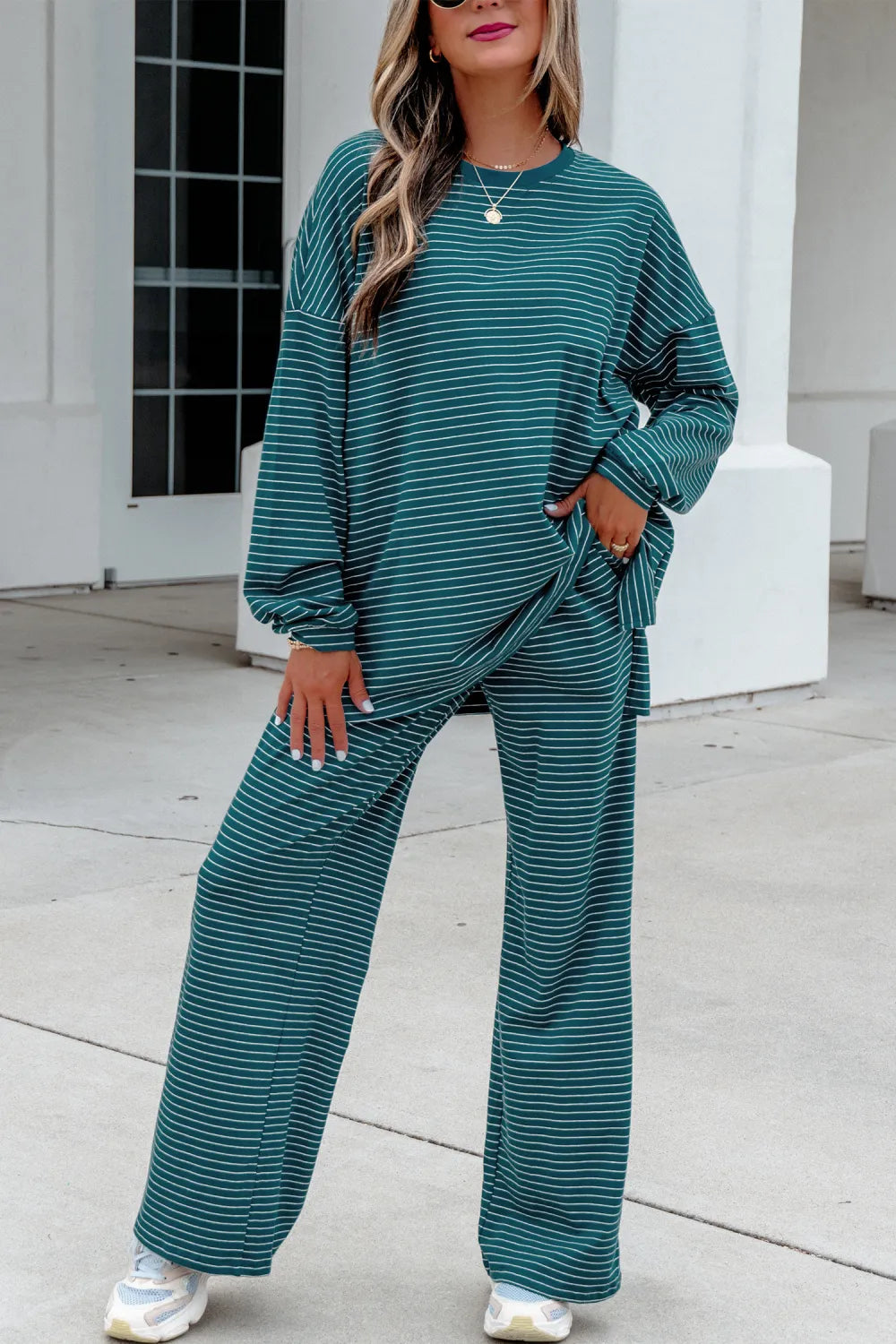 Green Stripe Dropped Shoulder 2pc Set