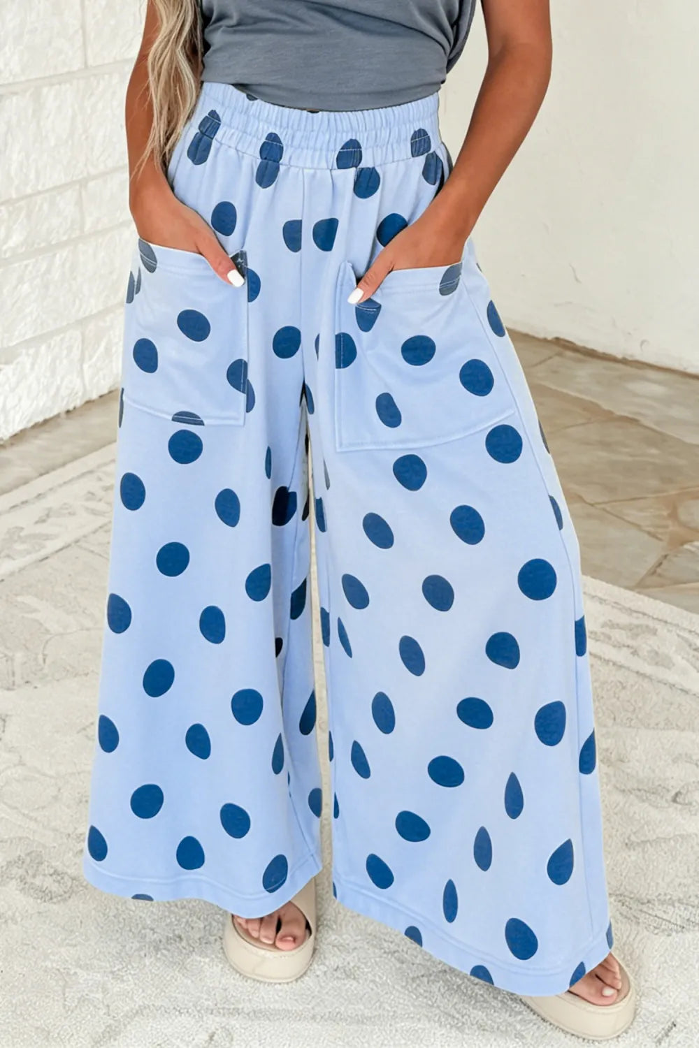 Sky Blue Polka Dot Wide Leg Elastic Waist Casual Pants- S-4X