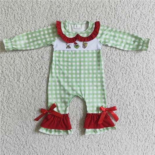 Embroidered Grinch Trio with Green Plaid Arms Ruffle Jumpsuit
