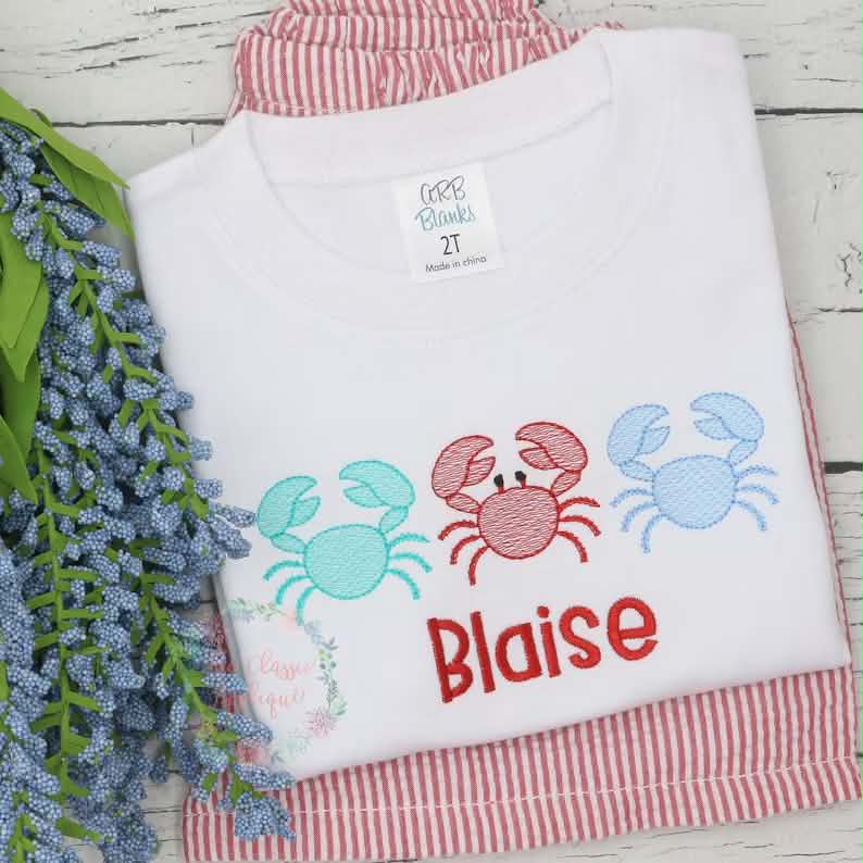 Embroidered Boy Patriotic Crab Trio Sketch Shirt