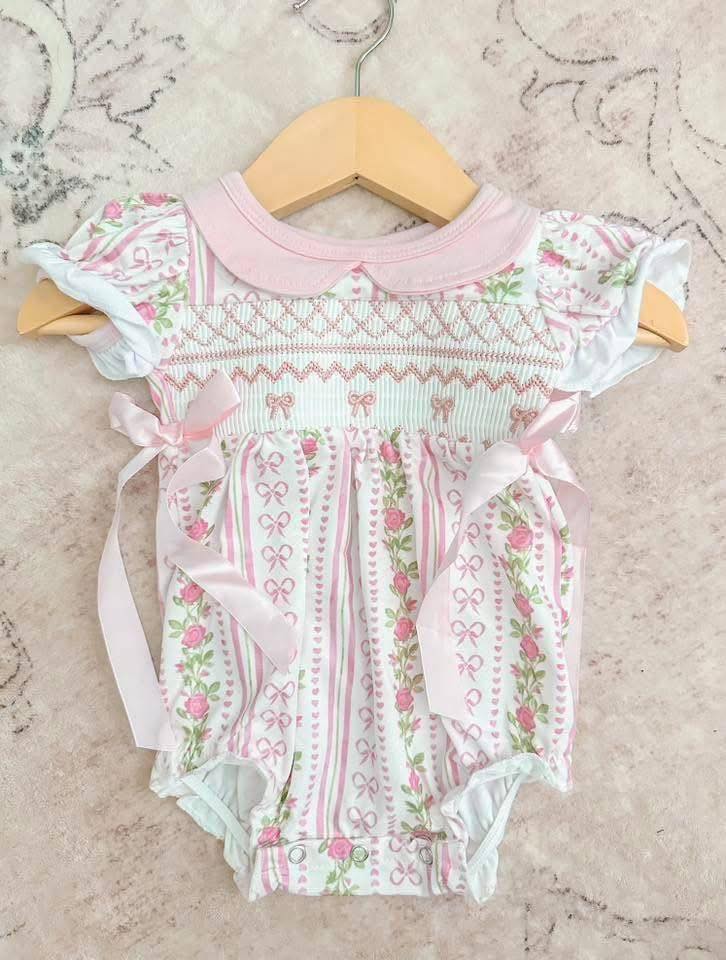 Embroidered Pink Bows and Floral Short Sleeve Bubble