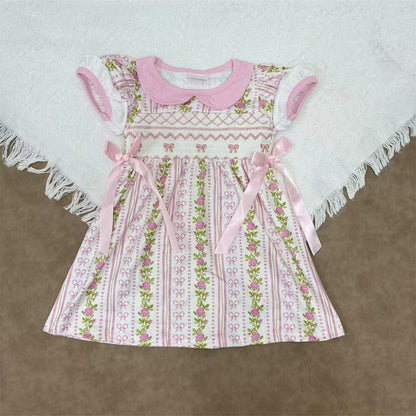 Embroidered Pink Bows and Floral Short Sleeve Dress