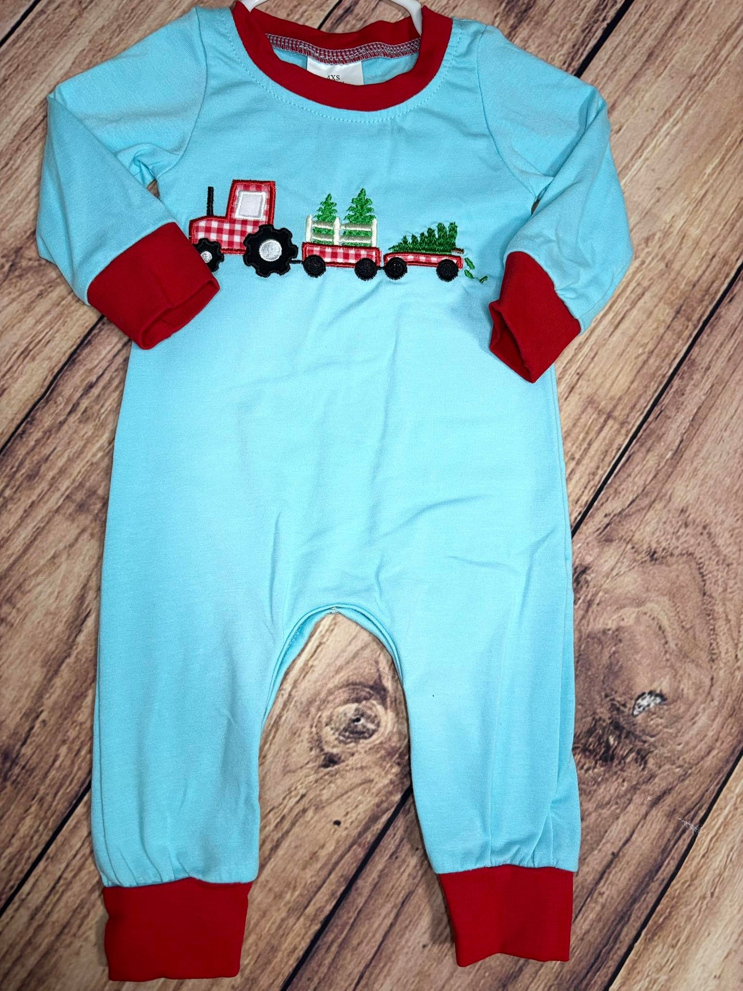 Christmas Tractor on Blue Long Sleeve Romper
