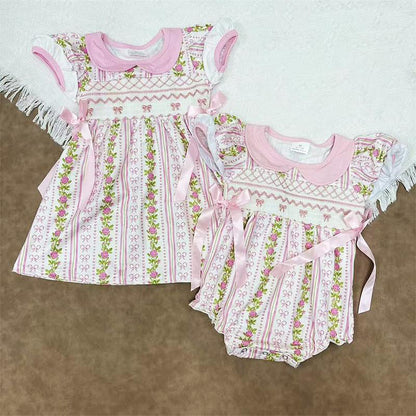 Embroidered Pink Bows and Floral Short Sleeve Bubble