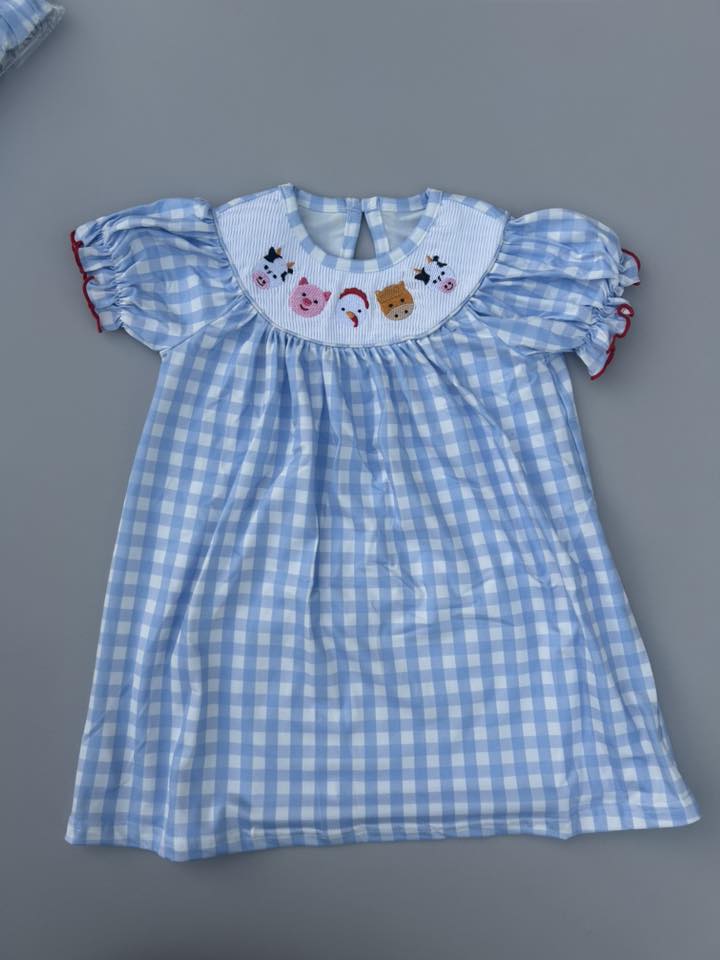 Smocked Farm Animals Blue Plaid Dress