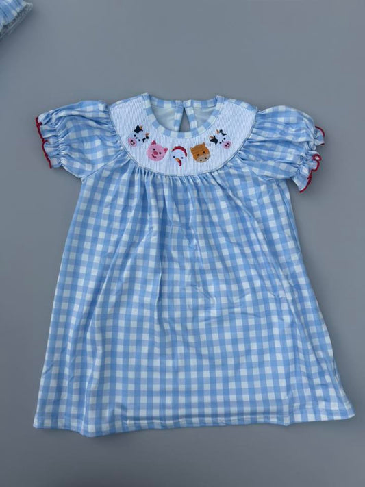 Smocked Farm Animals Blue Plaid Dress
