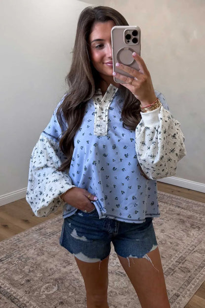 Sky Blue Floral Print Long Sleeve