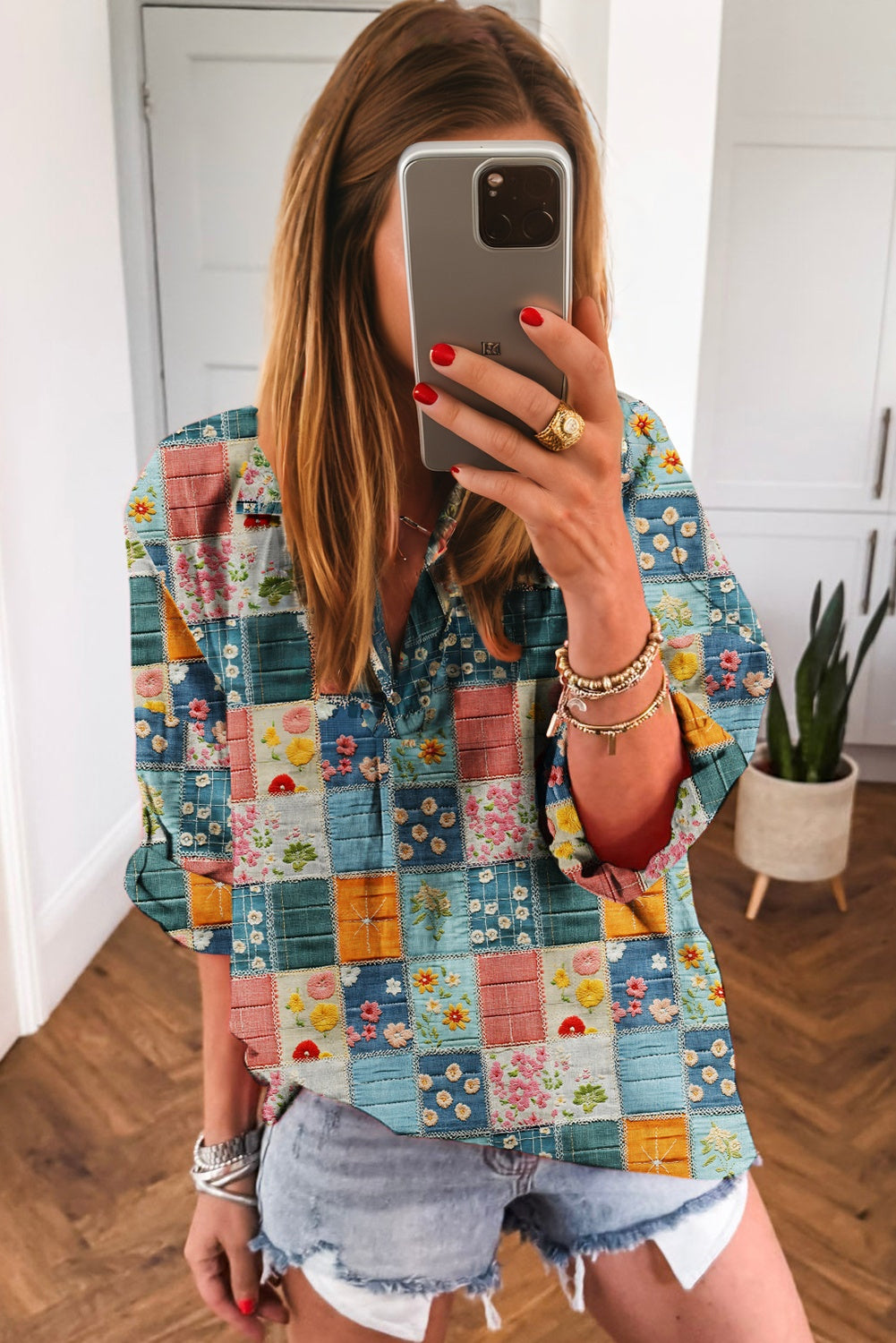 Sky Blue Floral Collared V Neck Roll up Sleeve Shift Blouse