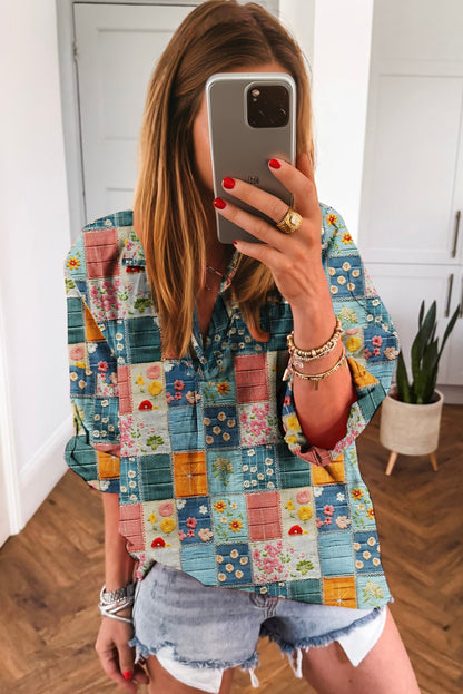 Sky Blue Floral Collared V Neck Roll up Sleeve Shift Blouse