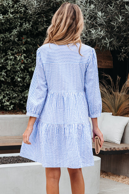 Sky Blue Stripe Bracelet Sleeve Tiered Shift Dress with Pockets