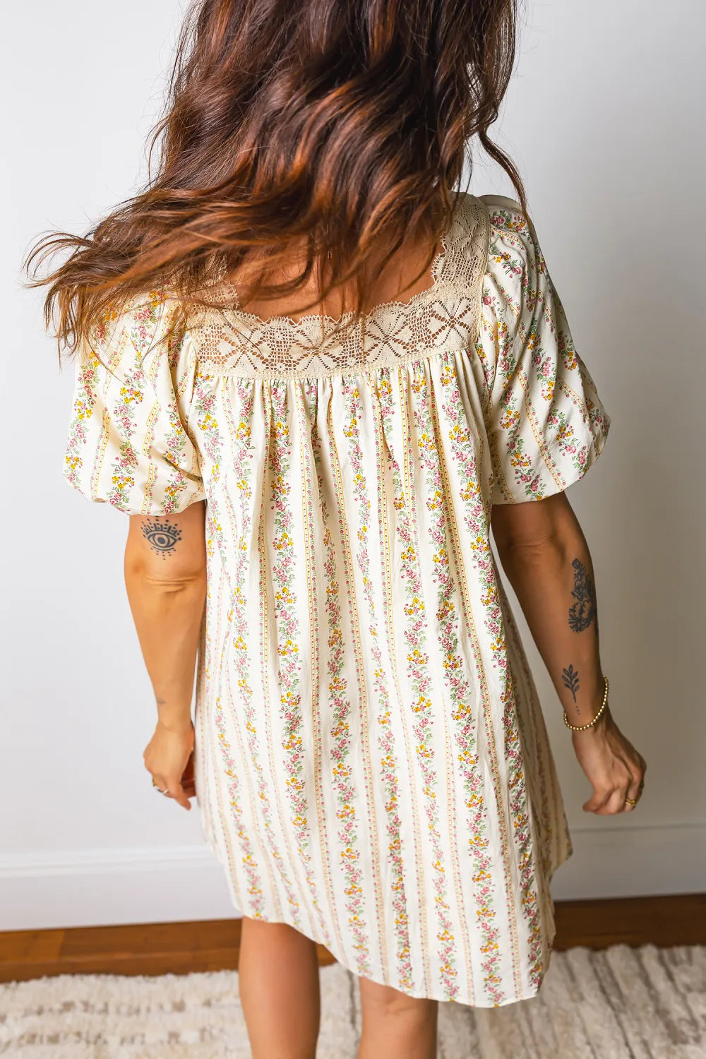 Multicolor Floral Ribbon Bow Square Neck Mini Dress