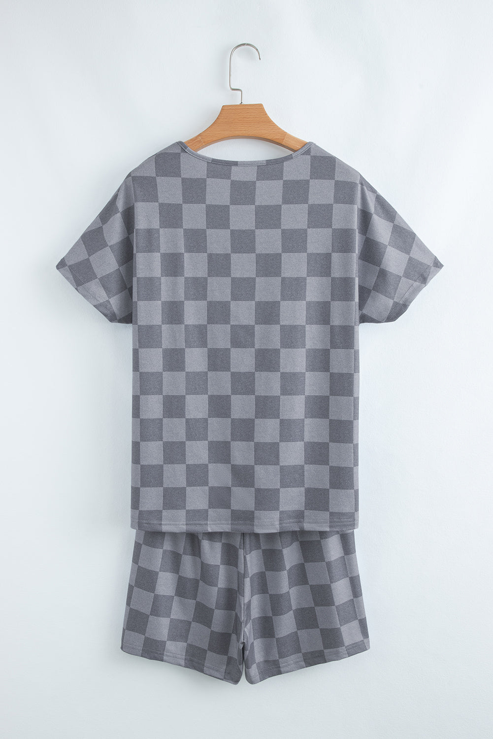 Gray Checkered V Neck Tee Drawstring Shorts Lounge Set