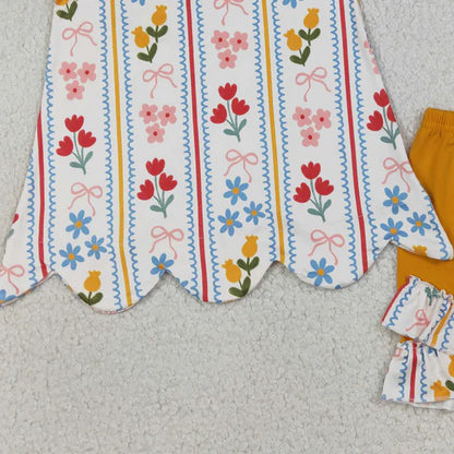 Girls Bows And Flowers Stripe Scallop Tunic with Ruffle Shorts