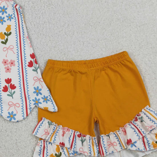 Girls Bows And Flowers Stripe Scallop Tunic with Ruffle Shorts